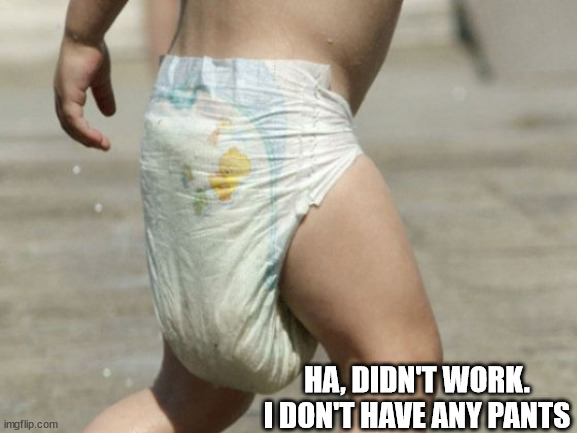 diaper-loaded | HA, DIDN'T WORK. I DON'T HAVE ANY PANTS | image tagged in diaper-loaded | made w/ Imgflip meme maker