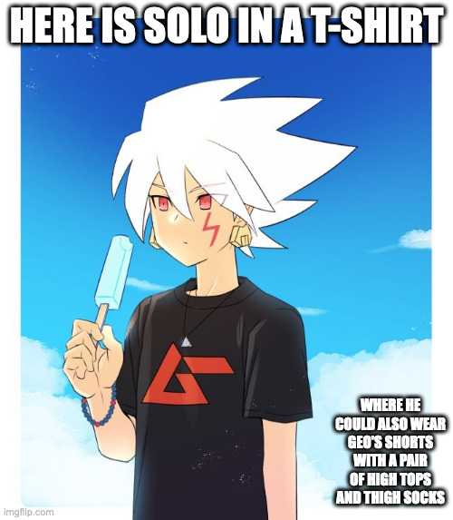 Summer Solo | HERE IS SOLO IN A T-SHIRT; WHERE HE COULD ALSO WEAR GEO'S SHORTS WITH A PAIR OF HIGH TOPS AND THIGH SOCKS | image tagged in solo,megaman,megaman star force,memes | made w/ Imgflip meme maker