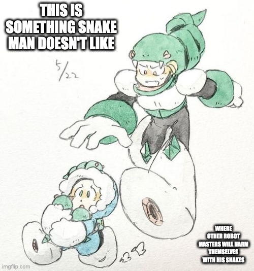Ice Man and Snake Man | THIS IS SOMETHING SNAKE MAN DOESN'T LIKE; WHERE OTHER ROBOT MASTERS WILL HARM THEMSELVES WITH HIS SNAKES | image tagged in iceman,snakeman,megaman,memes | made w/ Imgflip meme maker