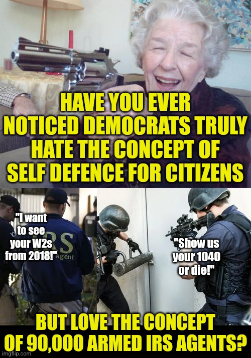 Why is it law enforcement is being defunded, but a tax collection agency is being armed? I guess you don't read Orwell? | HAVE YOU EVER NOTICED DEMOCRATS TRULY HATE THE CONCEPT OF SELF DEFENCE FOR CITIZENS; "I want to see your W2s from 2018!"; "Show us your 1040 or die!"; BUT LOVE THE CONCEPT OF 90,000 ARMED IRS AGENTS? | image tagged in old lady with gun,irs,liberal logic,liberal hypocrisy,orwellian,scary | made w/ Imgflip meme maker