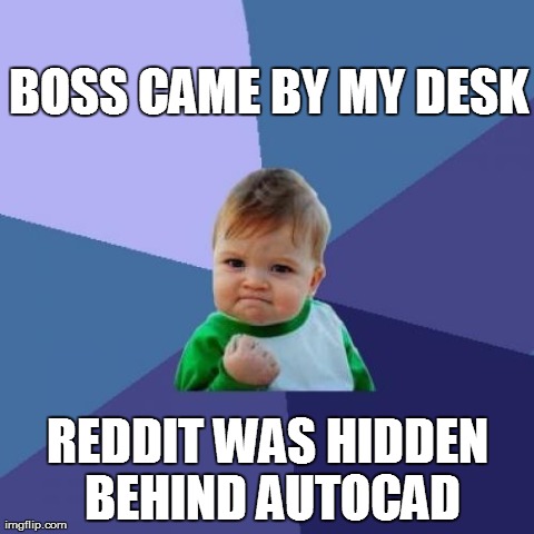 Success Kid Meme | BOSS CAME BY MY DESK REDDIT WAS HIDDEN BEHIND AUTOCAD | image tagged in memes,success kid | made w/ Imgflip meme maker