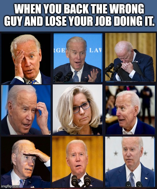 WHEN YOU BACK THE WRONG GUY AND LOSE YOUR JOB DOING IT. | image tagged in dick cheney,daughter,sad joe biden,joe biden worries | made w/ Imgflip meme maker