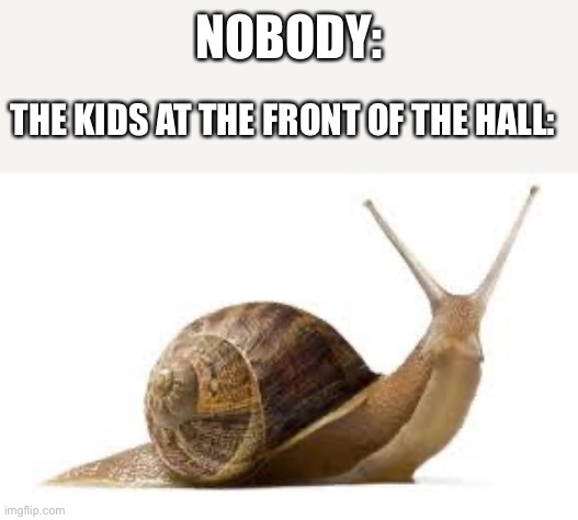 It’s so true ? | NOBODY:; THE KIDS AT THE FRONT OF THE HALL: | image tagged in snail,middle school,school | made w/ Imgflip meme maker