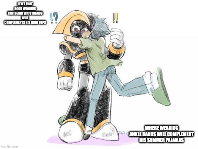 Rock Hugging Bass | I FEEL THAT ROCK WEARING PANTS AND WRISTBANDS WILL COMPLEMENTS HIS HIGH TOPS; WHERE WEARING ANKLE BANDS WILL COMPLEMENT HIS SUMMER PAJAMAS | image tagged in megaman,bass,memes | made w/ Imgflip meme maker