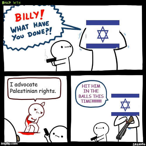 Israel's stance on human rights exposed | I advocate Palestinian rights. HIT HIM IN THE BALLS THIS TIME!!!!!!!!!! | image tagged in billy what have you done,israel,palestine,human rights,hypocrisy,stance | made w/ Imgflip meme maker