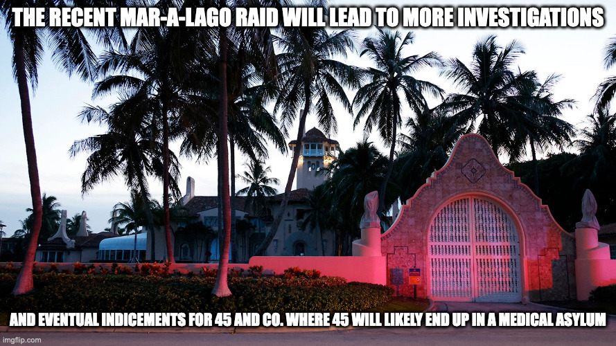 Mar-A-Lago Raid | THE RECENT MAR-A-LAGO RAID WILL LEAD TO MORE INVESTIGATIONS; AND EVENTUAL INDICEMENTS FOR 45 AND CO. WHERE 45 WILL LIKELY END UP IN A MEDICAL ASYLUM | image tagged in maralago,memes | made w/ Imgflip meme maker