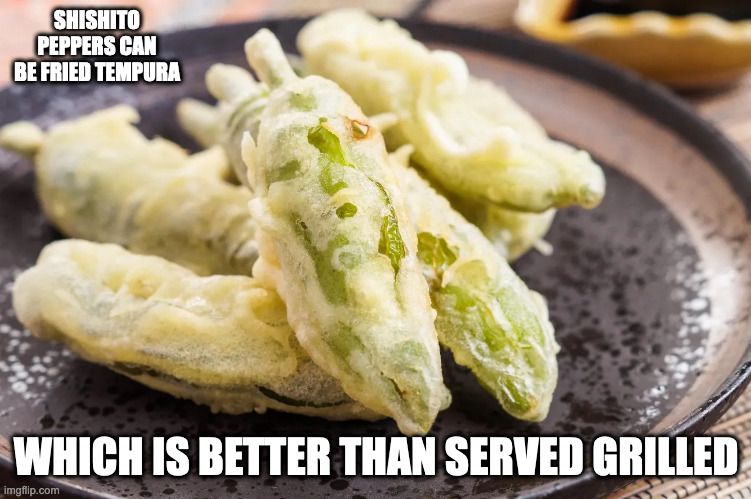 Shishito Tempura | SHISHITO PEPPERS CAN BE FRIED TEMPURA; WHICH IS BETTER THAN SERVED GRILLED | image tagged in food,peppers,memes | made w/ Imgflip meme maker