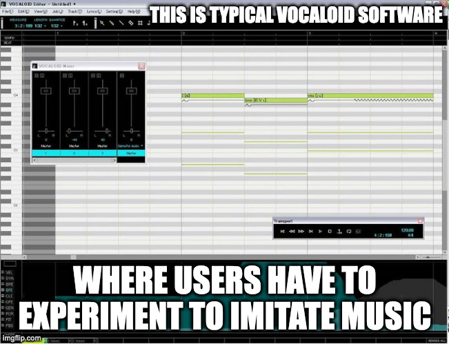 Vocaloid Software | THIS IS TYPICAL VOCALOID SOFTWARE; WHERE USERS HAVE TO EXPERIMENT TO IMITATE MUSIC | image tagged in vocaloid,memes | made w/ Imgflip meme maker