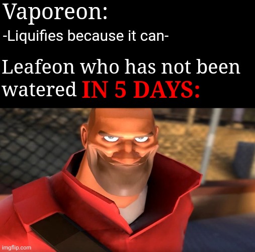 Veeery funny I made this joke before. | Vaporeon:; -Liquifies because it can-; Leafeon who has not been; IN 5 DAYS:; watered | image tagged in pokemon,eevee,gaming,tf2 | made w/ Imgflip meme maker