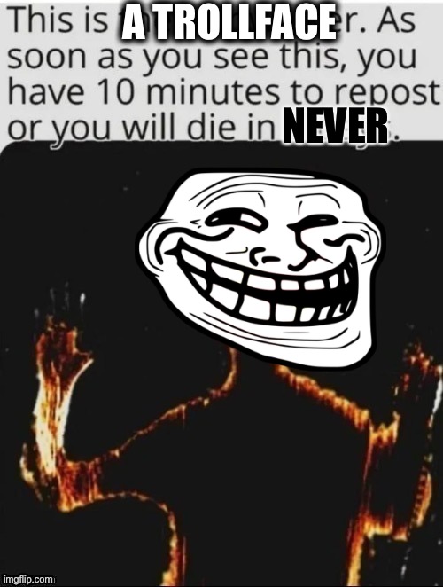 Lol, funni | A TROLLFACE; NEVER | image tagged in repost | made w/ Imgflip meme maker