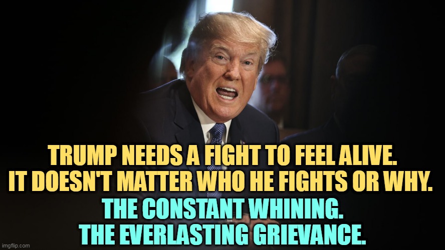 Age 8. | TRUMP NEEDS A FIGHT TO FEEL ALIVE.
IT DOESN'T MATTER WHO HE FIGHTS OR WHY. THE CONSTANT WHINING. THE EVERLASTING GRIEVANCE. | image tagged in trump,fighting,whining,complaining,endless | made w/ Imgflip meme maker