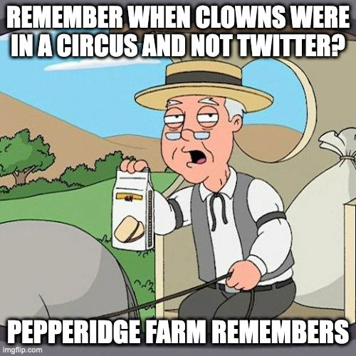 j | REMEMBER WHEN CLOWNS WERE IN A CIRCUS AND NOT TWITTER? PEPPERIDGE FARM REMEMBERS | image tagged in memes,pepperidge farm remembers | made w/ Imgflip meme maker