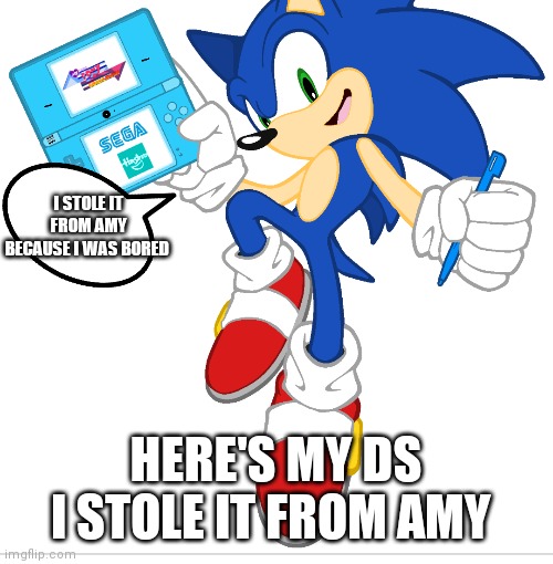 Sonic and DS | I STOLE IT FROM AMY BECAUSE I WAS BORED; HERE'S MY DS I STOLE IT FROM AMY | image tagged in funny memes | made w/ Imgflip meme maker