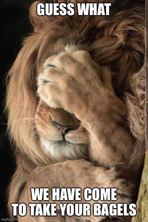 Lion facepalm | GUESS WHAT WE HAVE COME TO TAKE YOUR BAGELS | image tagged in lion facepalm | made w/ Imgflip meme maker