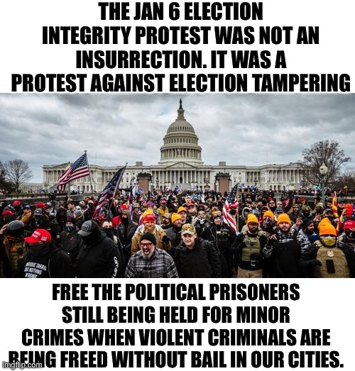 The “big lie” is that Jan 6 was anything more than an election integrity protest | THE JAN 6 ELECTION INTEGRITY PROTEST WAS NOT AN INSURRECTION. IT WAS A PROTEST AGAINST ELECTION TAMPERING; FREE THE POLITICAL PRISONERS STILL BEING HELD FOR MINOR CRIMES WHEN VIOLENT CRIMINALS ARE BEING FREED WITHOUT BAIL IN OUR CITIES. | image tagged in violent criminals freed without bail,those who simply trespass still in hail,democrats are traitors,dont believe their big lie | made w/ Imgflip meme maker