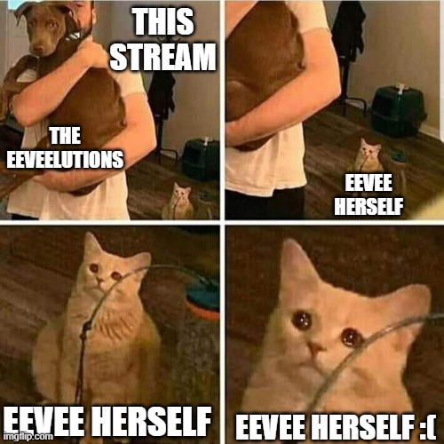 Y'all keep ignoring her. :( | THIS STREAM; THE EEVEELUTIONS; EEVEE HERSELF; EEVEE HERSELF; EEVEE HERSELF :( | image tagged in sad cat holding dog,memes,pokemon,eevee,f in the chat,why are you reading this | made w/ Imgflip meme maker