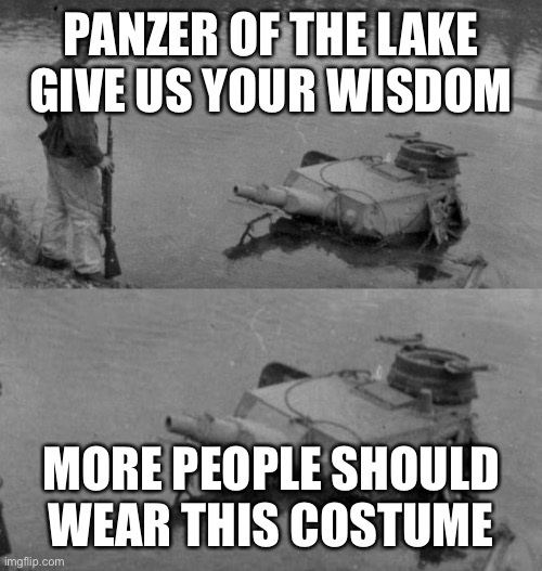 Panzer of the lake | PANZER OF THE LAKE GIVE US YOUR WISDOM MORE PEOPLE SHOULD WEAR THIS COSTUME | image tagged in panzer of the lake | made w/ Imgflip meme maker
