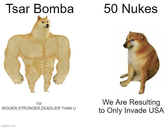 Tsar Bomba vs.50 Nuclear Bombs | Tsar Bomba; 50 Nukes; I'M BIGGER,STRONGER,DEADLIER THAN U; We Are Resulting to Only Invade USA | image tagged in memes,buff doge vs cheems,tsar bomba,nukes | made w/ Imgflip meme maker