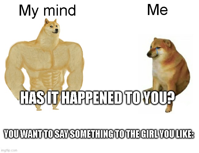 Has it happened to you? | Me; My mind; HAS IT HAPPENED TO YOU? YOU WANT TO SAY SOMETHING TO THE GIRL YOU LIKE: | image tagged in memes,buff doge vs cheems,bruh | made w/ Imgflip meme maker