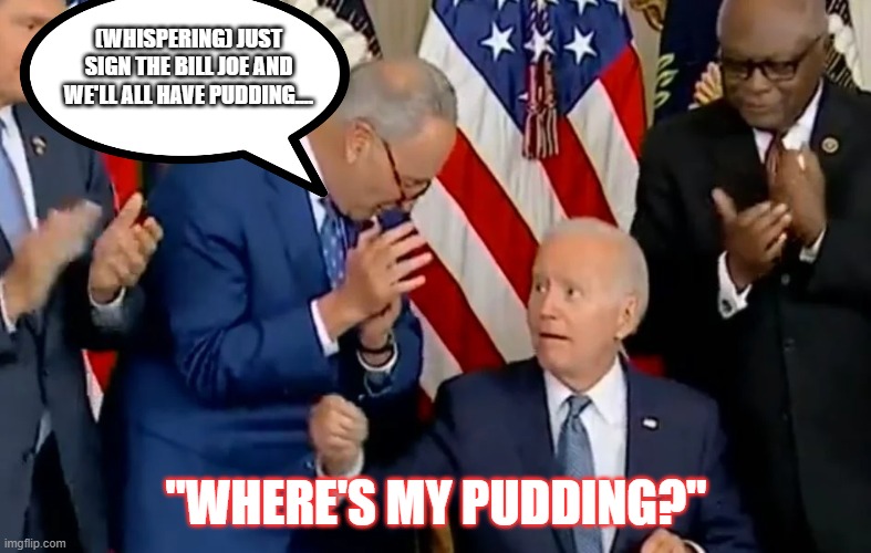 Pudding | (WHISPERING) JUST SIGN THE BILL JOE AND WE'LL ALL HAVE PUDDING.... "WHERE'S MY PUDDING?" | image tagged in joe biden,democrats,ripoff bill,puppet | made w/ Imgflip meme maker