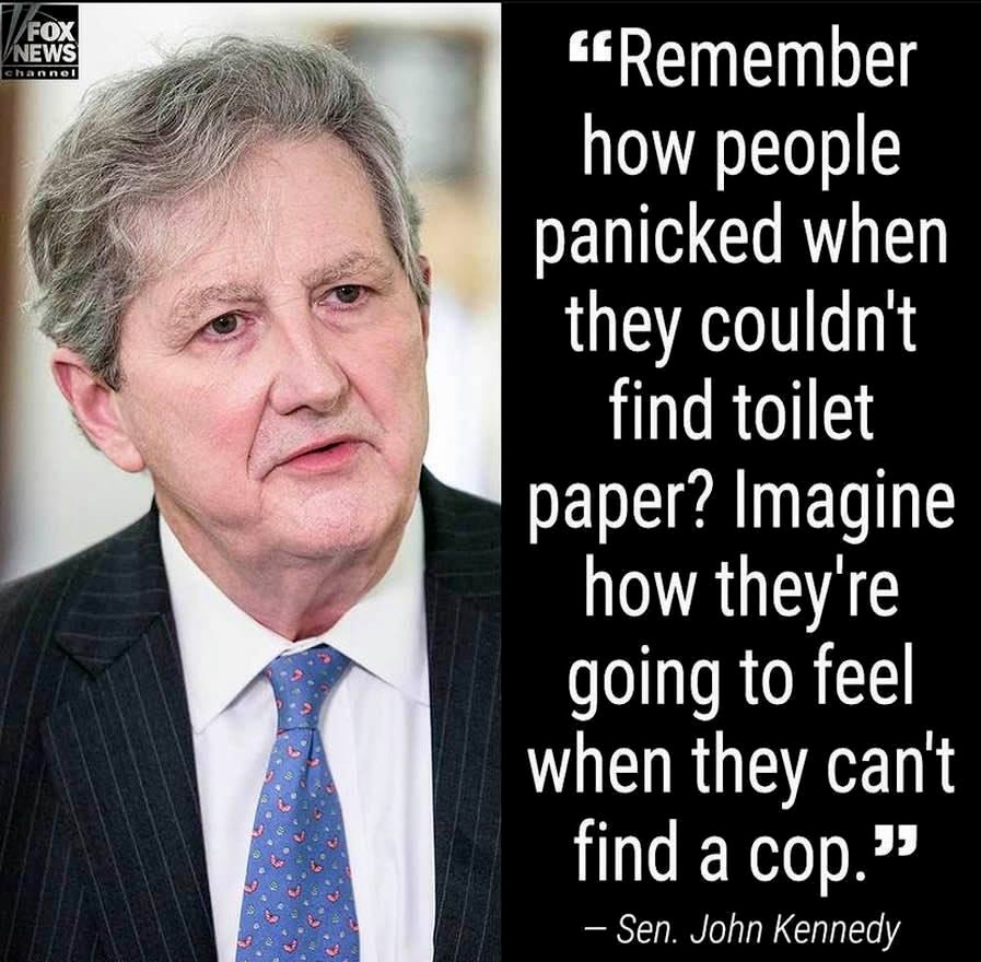 Imagine how the sheeple will feel when they can't find a cop. | image tagged in senator john kennedy,self defense,defund law enforcement,wild west,gun rights,2nd amendment | made w/ Imgflip meme maker