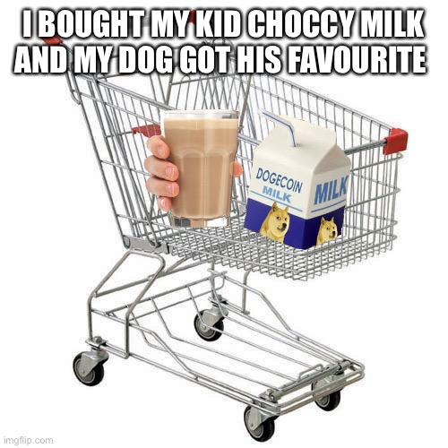 Me the grocery store go BRRRRRRRR | I BOUGHT MY KID CHOCCY MILK AND MY DOG GOT HIS FAVOURITE | image tagged in shopping cart | made w/ Imgflip meme maker