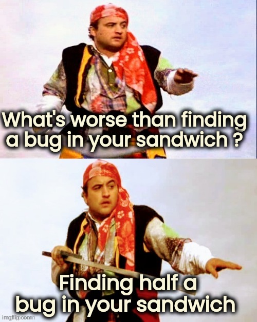 Ewww |  What's worse than finding a bug in your sandwich ? Finding half a bug in your sandwich | image tagged in pirate joke,eating healthy,well yes but actually no,bugs bunny no,insects,x x everywhere | made w/ Imgflip meme maker