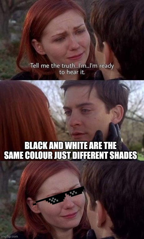 Tell me the truth, I'm ready to hear it | BLACK AND WHITE ARE THE SAME COLOUR JUST DIFFERENT SHADES | image tagged in tell me the truth i'm ready to hear it | made w/ Imgflip meme maker
