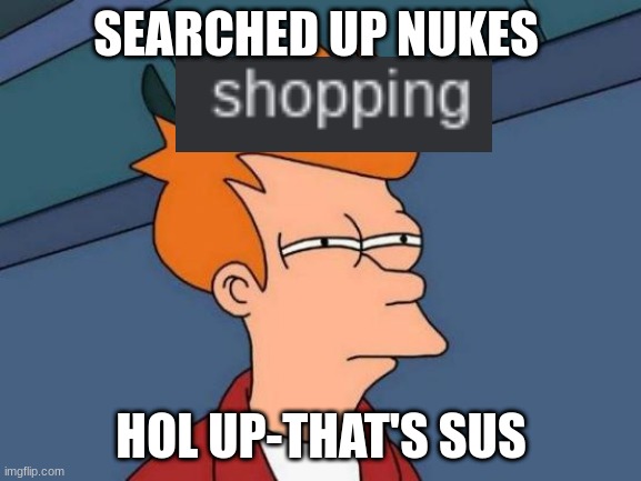 Futurama Fry | SEARCHED UP NUKES; HOL UP-THAT'S SUS | image tagged in memes,futurama fry | made w/ Imgflip meme maker