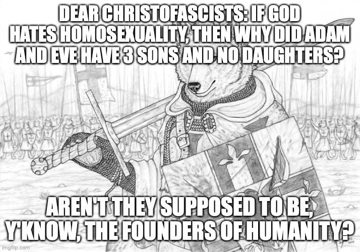 I can literally deflect anything you through at me | DEAR CHRISTOFASCISTS: IF GOD HATES HOMOSEXUALITY, THEN WHY DID ADAM AND EVE HAVE 3 SONS AND NO DAUGHTERS? AREN'T THEY SUPPOSED TO BE, Y'KNOW, THE FOUNDERS OF HUMANITY? | image tagged in fursader | made w/ Imgflip meme maker
