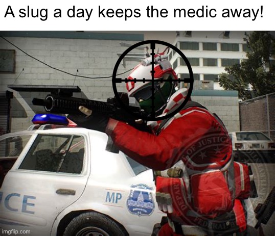 Paday 2 Meme | A slug a day keeps the medic away! | image tagged in memes,slug,shotgun,scope,medic,why are you reading this | made w/ Imgflip meme maker