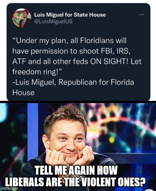 unhinged | TELL ME AGAIN HOW LIBERALS ARE THE VIOLENT ONES? | image tagged in jeremy renner don't mind me just watchin,conservative hypocrisy,republicans | made w/ Imgflip meme maker