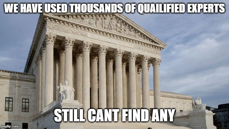 supreme court | WE HAVE USED THOUSANDS OF QUAILIFIED EXPERTS STILL CANT FIND ANY | image tagged in supreme court | made w/ Imgflip meme maker