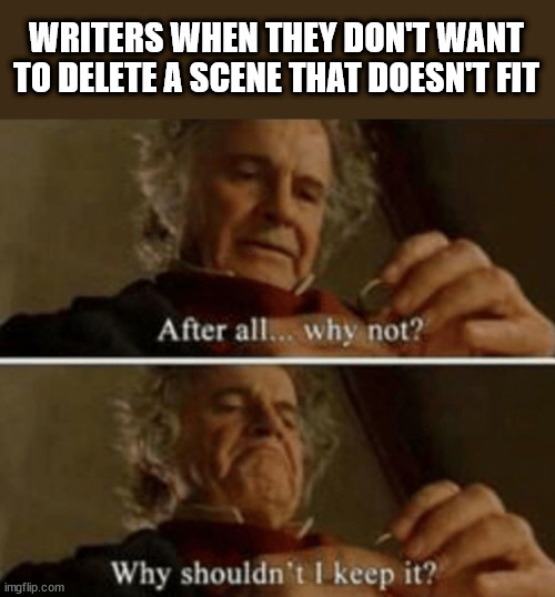Writers be like | WRITERS WHEN THEY DON'T WANT TO DELETE A SCENE THAT DOESN'T FIT | image tagged in why shouldn't i keep it | made w/ Imgflip meme maker