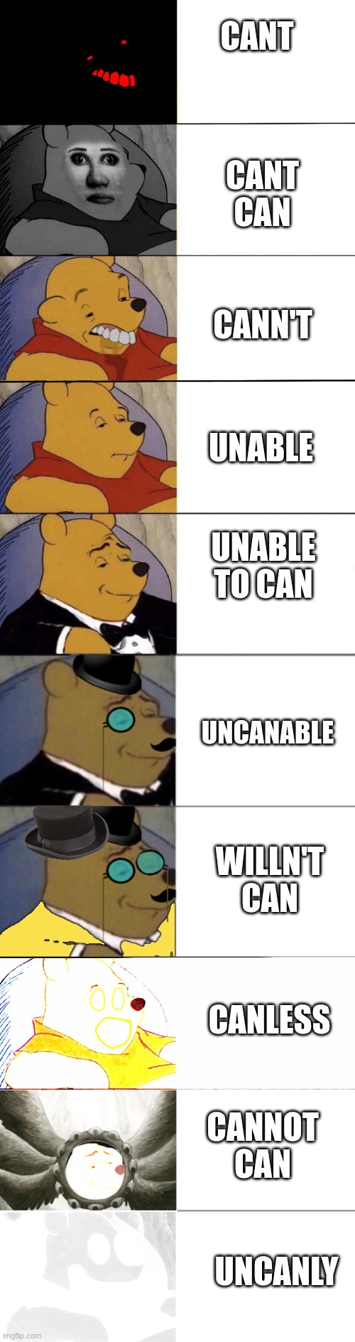 perfection | CANT; CANT CAN; CANN'T; UNABLE; UNABLE TO CAN; UNCANABLE; WILLN'T CAN; CANLESS; CANNOT CAN; UNCANLY | image tagged in whinny the pooh meme extended | made w/ Imgflip meme maker