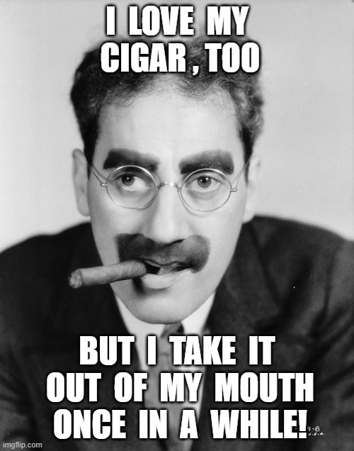 Groucho Marx | I  LOVE  MY  CIGAR , TOO; BUT  I  TAKE  IT  OUT  OF  MY  MOUTH  ONCE  IN  A  WHILE! | image tagged in groucho marx | made w/ Imgflip meme maker