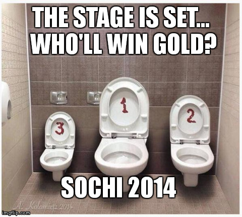 Triple Stall Sochi 2014 | THE STAGE IS SET... WHO'LL WIN GOLD? SOCHI 2014 | image tagged in sochi triple stall,sochi,stall,toilet,loo,gold | made w/ Imgflip meme maker
