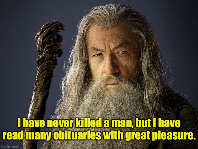 Gandalf | I have never killed a man, but I have read many obituaries with great pleasure. | image tagged in are you serious gandalf,never killed,read many obituaries,great pleasure,fun,gandalf | made w/ Imgflip meme maker