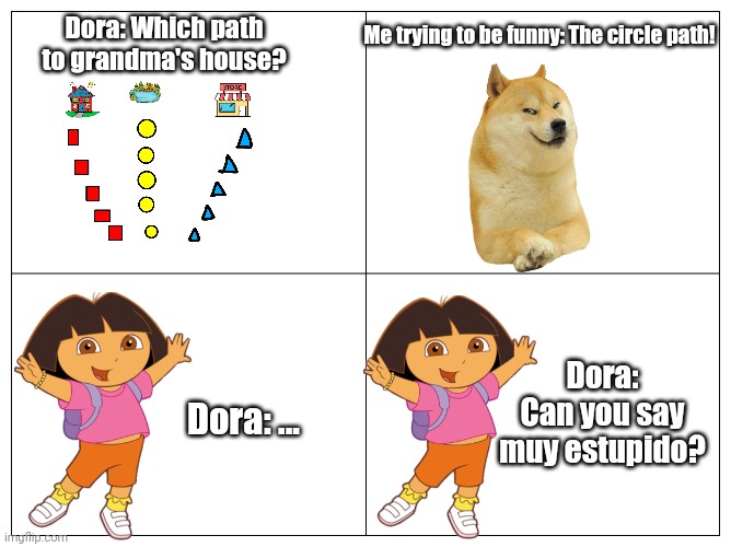 This is so funny! I never do that but some people did. |  Dora: Which path to grandma's house? Me trying to be funny: The circle path! Dora: Can you say muy estupido? Dora: ... | image tagged in four panel rage comic,dora,dora the explorer,funny memes,relatable,so true memes | made w/ Imgflip meme maker