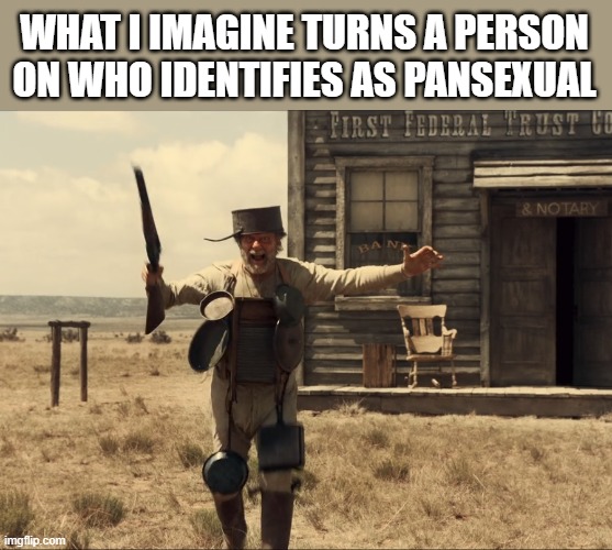 Hey there, heard you like pans |  WHAT I IMAGINE TURNS A PERSON ON WHO IDENTIFIES AS PANSEXUAL | image tagged in buster scruggs pots pans,pansexual,peter pan,pandemic,pancreas pancakes | made w/ Imgflip meme maker