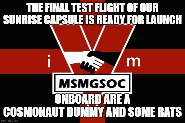 The next mission, Sunrise 1, will carry the first man to space | THE FINAL TEST FLIGHT OF OUR SUNRISE CAPSULE IS READY FOR LAUNCH; ONBOARD ARE A COSMONAUT DUMMY AND SOME RATS | image tagged in msmgsoc flag | made w/ Imgflip meme maker