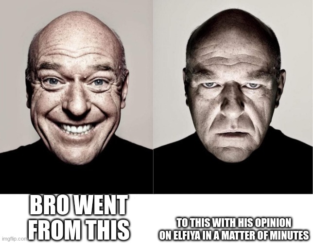 breaking bad smile frown | BRO WENT FROM THIS TO THIS WITH HIS OPINION ON ELFIYA IN A MATTER OF MINUTES | image tagged in breaking bad smile frown | made w/ Imgflip meme maker