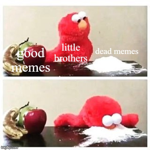 elmo cocaine |  dead memes; little brothers; good memes | image tagged in elmo cocaine | made w/ Imgflip meme maker
