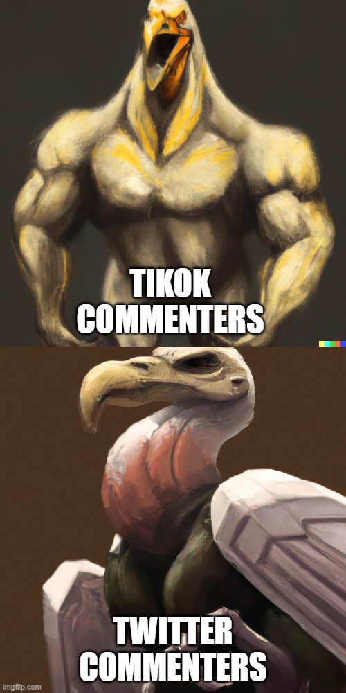 good and bad | TIKOK COMMENTERS; TWITTER COMMENTERS | image tagged in fun,comparison,giga chad | made w/ Imgflip meme maker