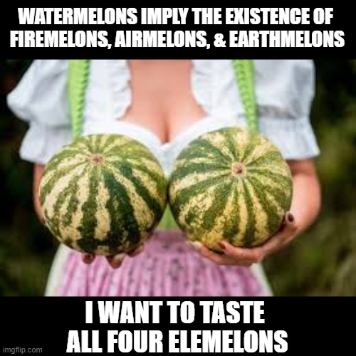 WATERMELONS IMPLY THE EXISTENCE OF 
FIREMELONS, AIRMELONS, & EARTHMELONS; I WANT TO TASTE 
ALL FOUR ELEMELONS | image tagged in melons,elements,alchemy | made w/ Imgflip meme maker