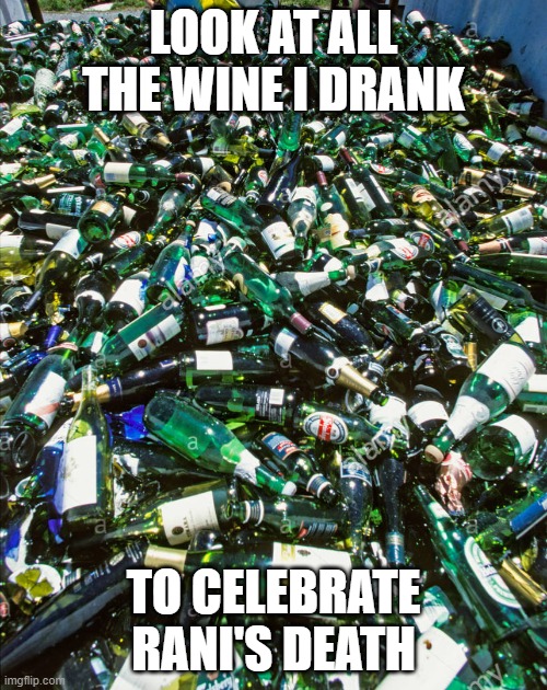 Empty wine bottles | LOOK AT ALL THE WINE I DRANK; TO CELEBRATE RANI'S DEATH | image tagged in empty wine bottles,memes,president_joe_biden | made w/ Imgflip meme maker