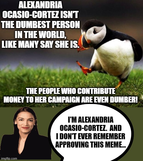 An AOC Unapproved Meme | ALEXANDRIA OCASIO-CORTEZ ISN'T THE DUMBEST PERSON IN THE WORLD, LIKE MANY SAY SHE IS. THE PEOPLE WHO CONTRIBUTE MONEY TO HER CAMPAIGN ARE EVEN DUMBER! I'M ALEXANDRIA OCASIO-CORTEZ.  AND I DON'T EVER REMEMBER APPROVING THIS MEME... | image tagged in memes,unpopular opinion puffin,politics,aoc,alexandria ocasio-cortez,crazy alexandria ocasio-cortez | made w/ Imgflip meme maker