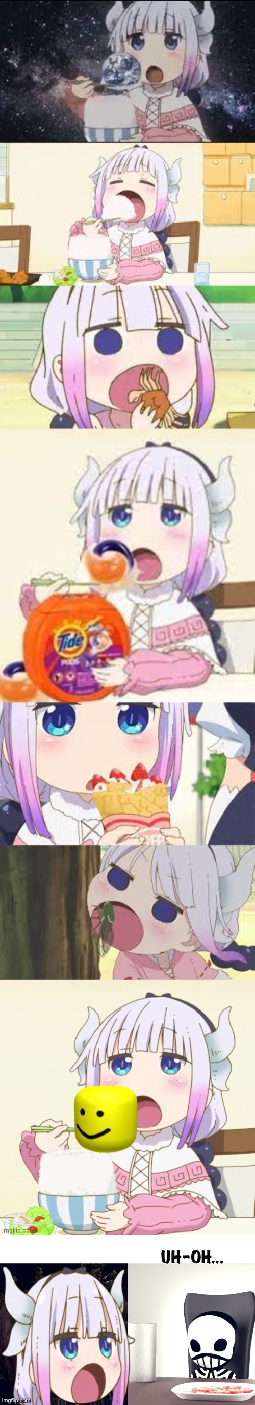 Upload and add | image tagged in kanna eating | made w/ Imgflip meme maker