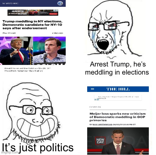 Trump’s Gold Meddle | Arrest Trump, he’s meddling in elections; It’s just politics | image tagged in so true wojak,donald trump,election fraud,scooby doo meddling kids | made w/ Imgflip meme maker
