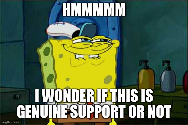 BIGO support | HMMMMM; I WONDER IF THIS IS GENUINE SUPPORT OR NOT | image tagged in memes,don't you squidward | made w/ Imgflip meme maker